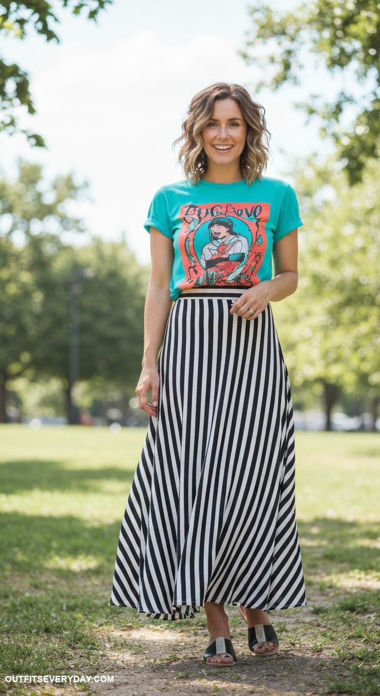maxi skirt outfit Style a striped maxi skirt with a bold graphic tee and sandals
