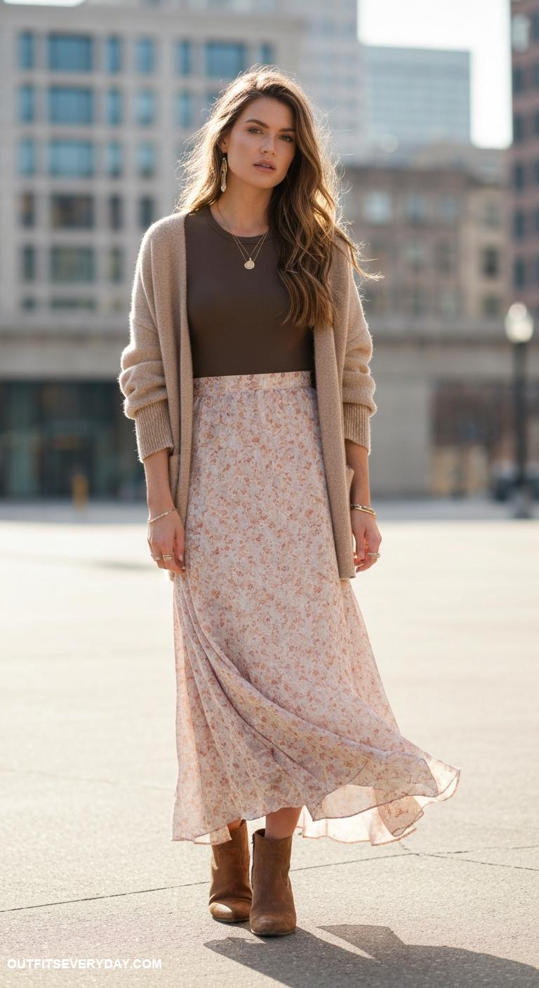maxi skirt outfit Try a maxi skirt paired with ankle boots and an oversized cardigan