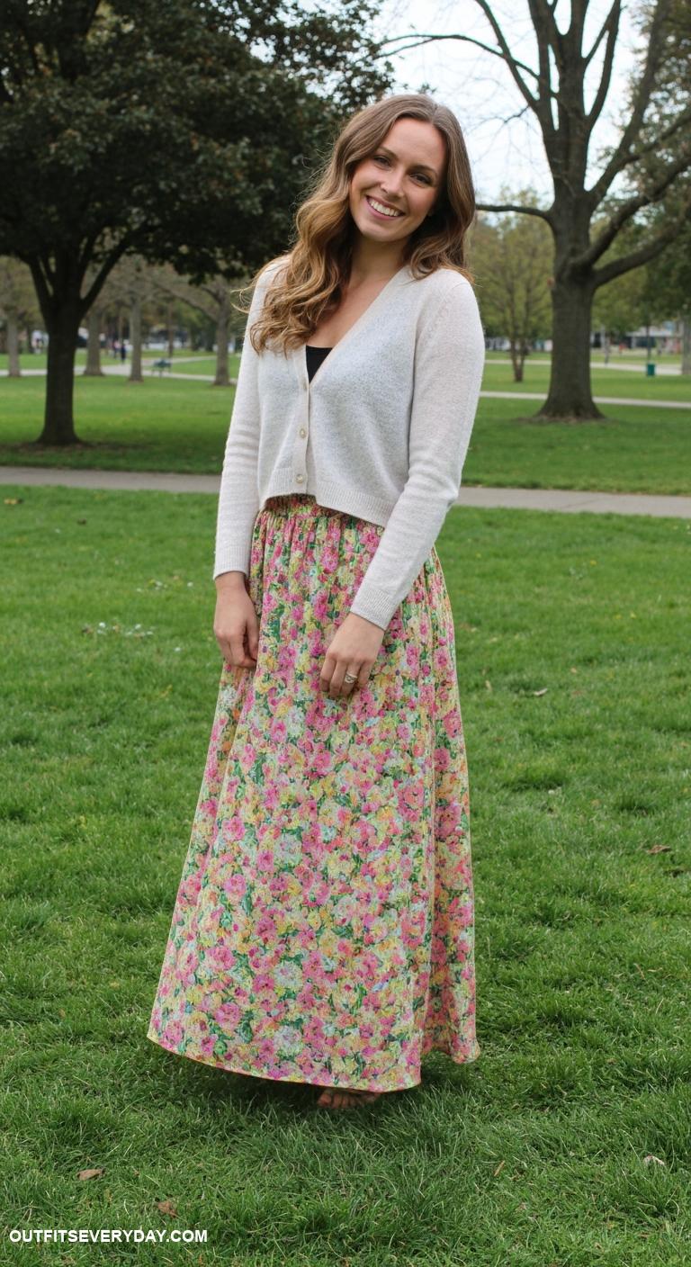 maxi skirt outfit Use a maxi skirt with a lightweight sweater for a cozy day out