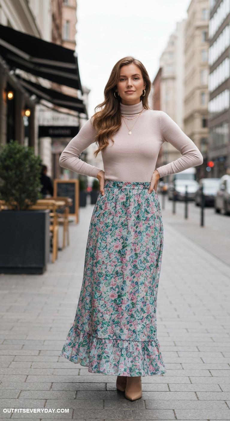 maxi skirt outfit Wear a maxi skirt over a slim fit turtleneck for a chic look