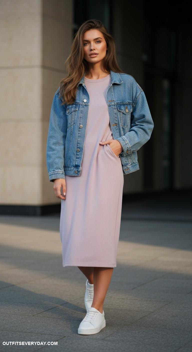midi skirt outfit Layer a denim jacket over a solid colored midi dress and sneakers