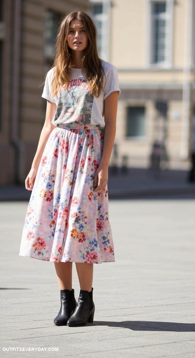 midi skirt outfit Pair a floral midi skirt with a graphic tee and ankle boots