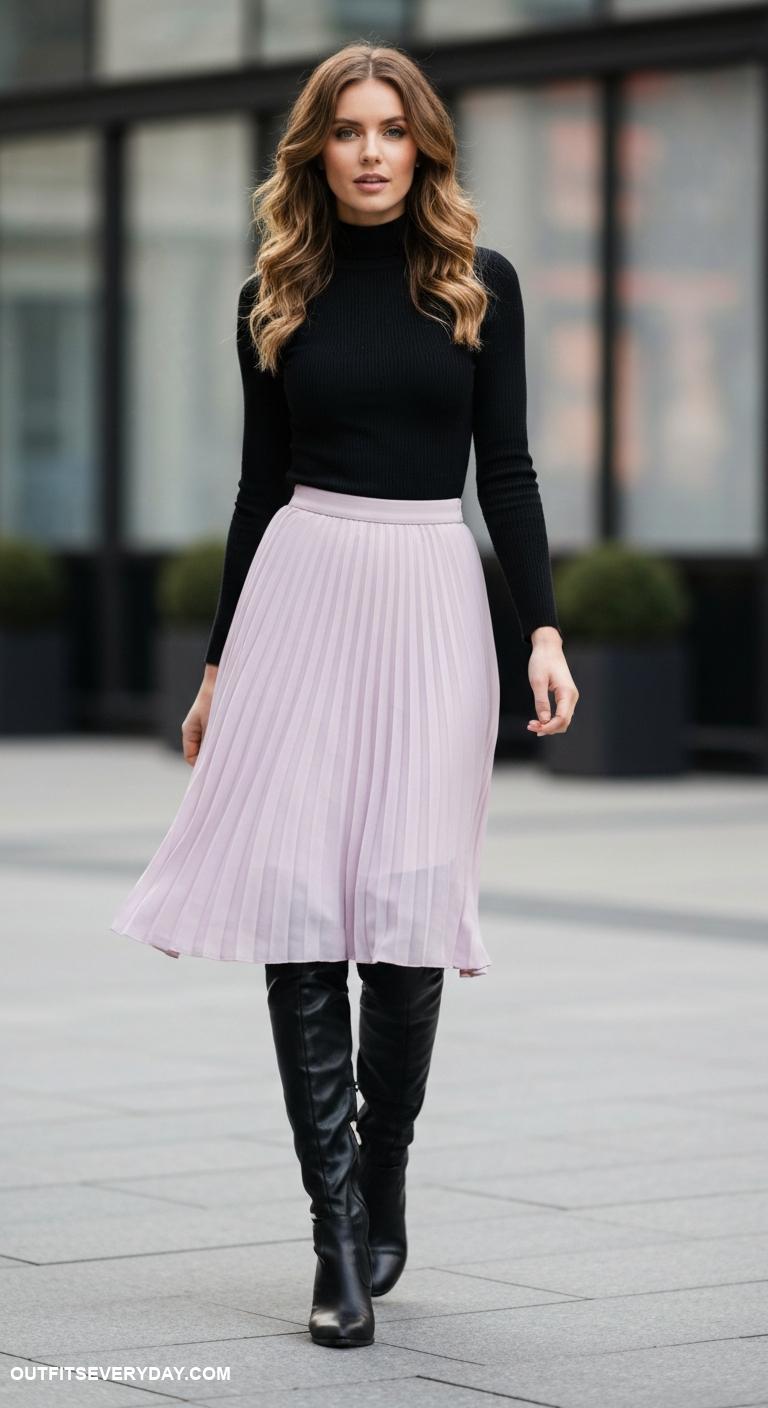 midi skirt outfit Team a pleated midi skirt with a fitted turtleneck and over the knee boots