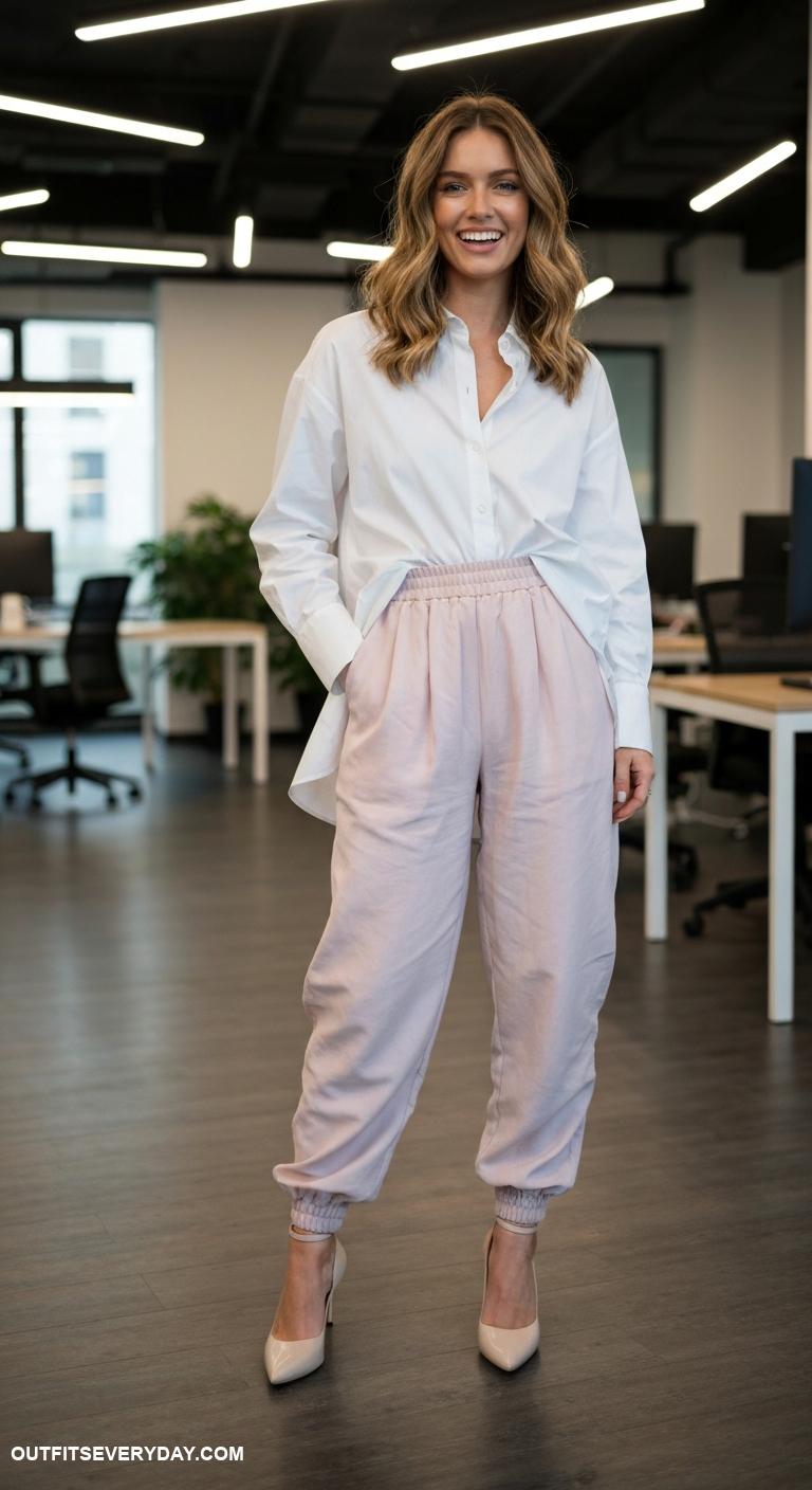 parachute pants outfit Contrast with a tailored oversized shirt and kitten heels for office chic