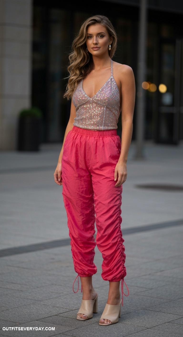 parachute pants outfit Match with a sparkly halter top and heeled mules for evening wear