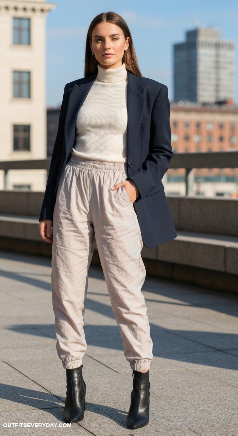 parachute pants outfit Style with a fitted turtleneck and oversized blazer for a chic look