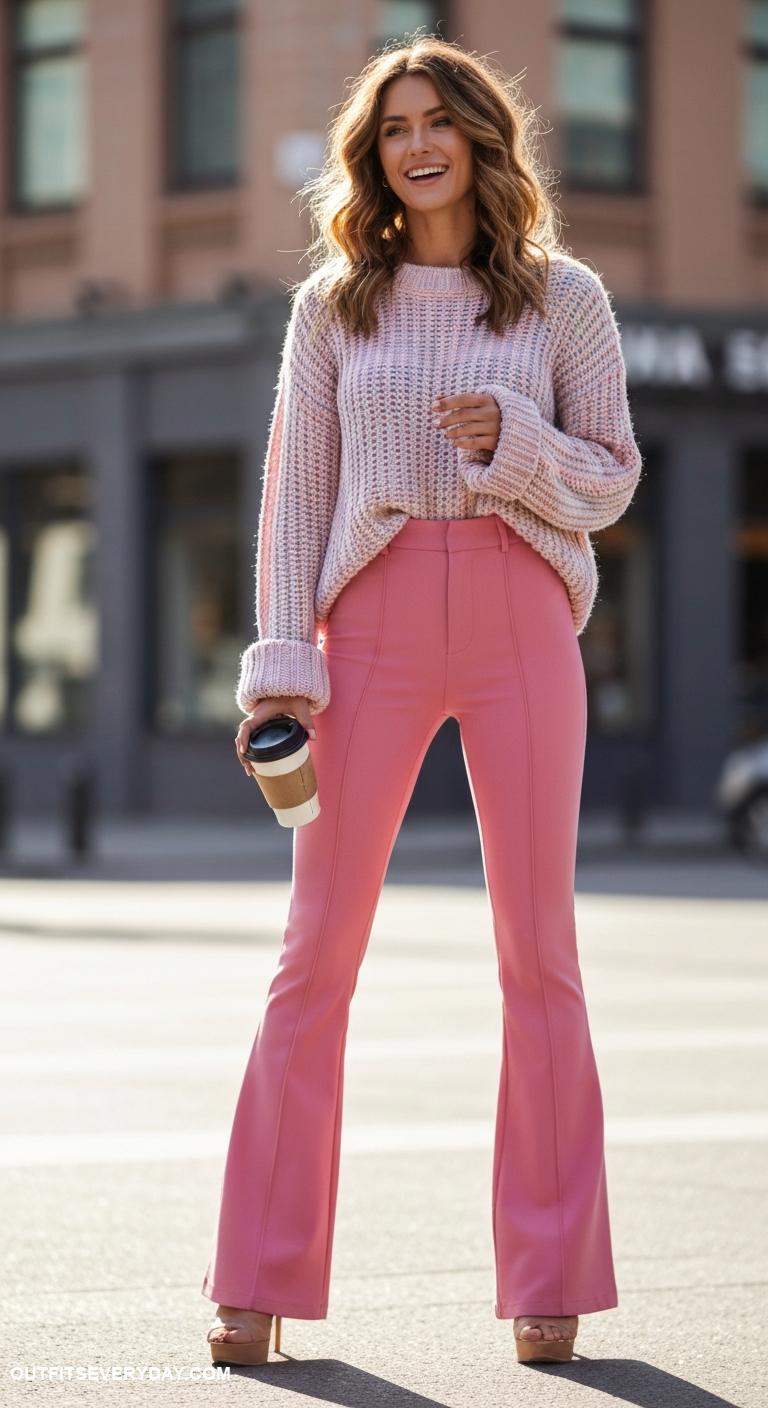 pink pants outfit Match pink flared pants with a pastel oversized knit sweater