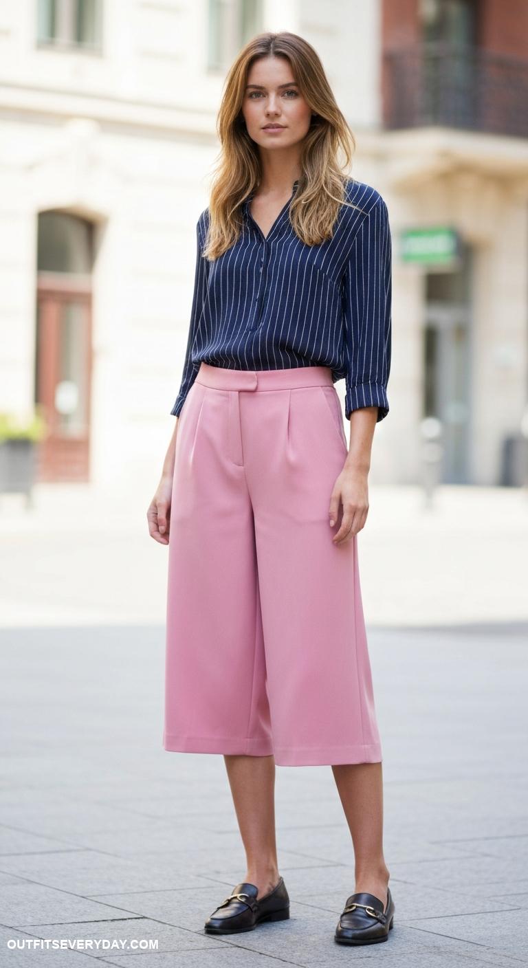 pink pants outfit Style pink culottes with a striped navy blouse and loafers