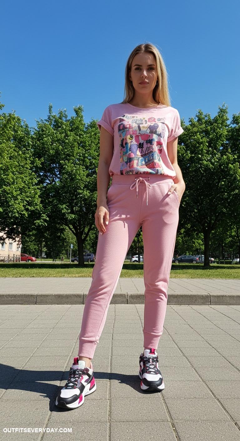 pink pants outfit Wear pink joggers with a graphic tee and statement sneakers