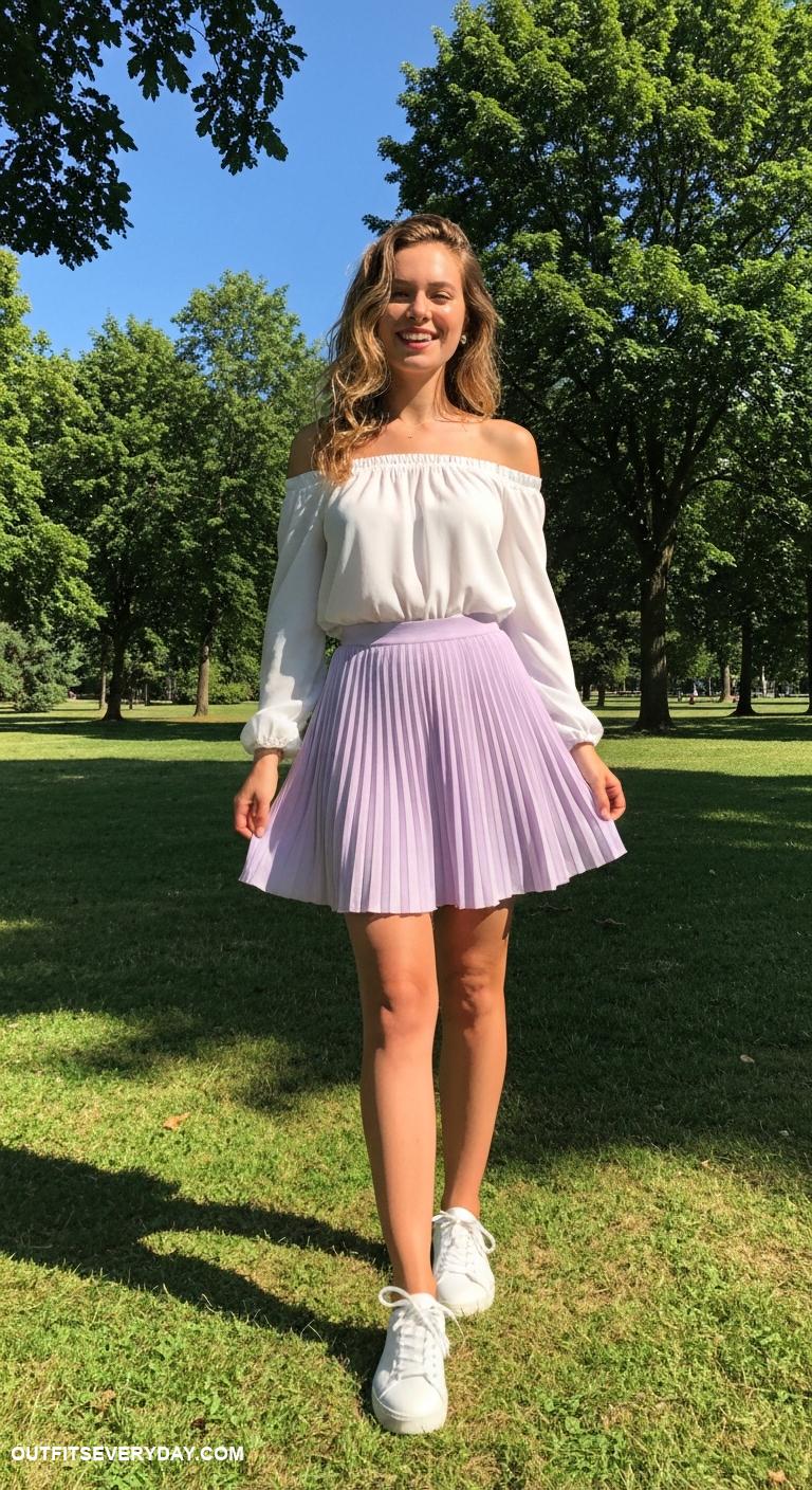 tennis skirt outfit Match a pastel tennis skirt with a white off shoulder blouse