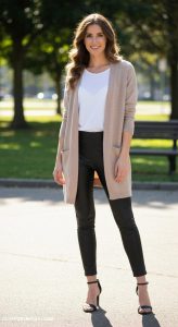 faux leather leggings outfit Layer with a long cardigan and ankle strap heels for a casual day out