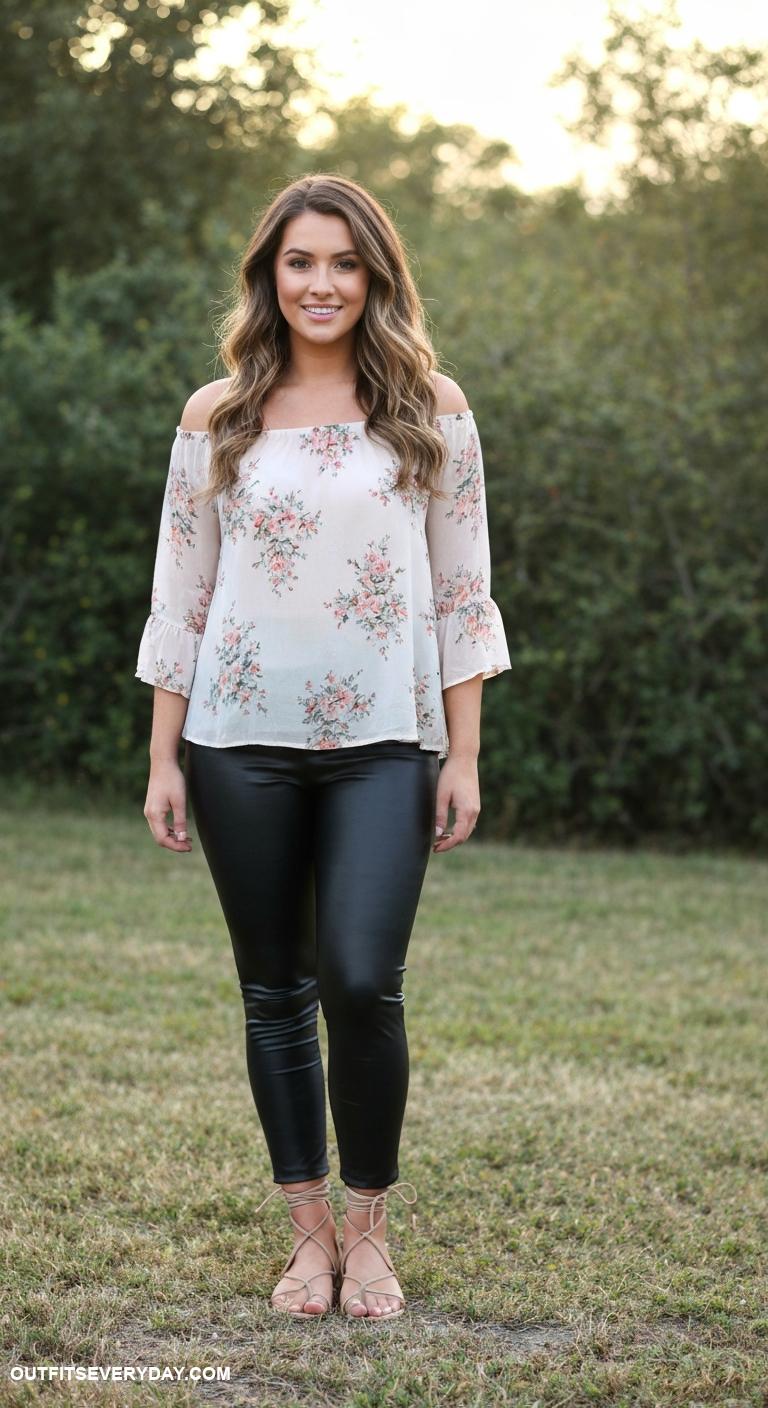 faux leather leggings outfit Pair with a flowy boho blouse and lace up sandals for a feminine touch