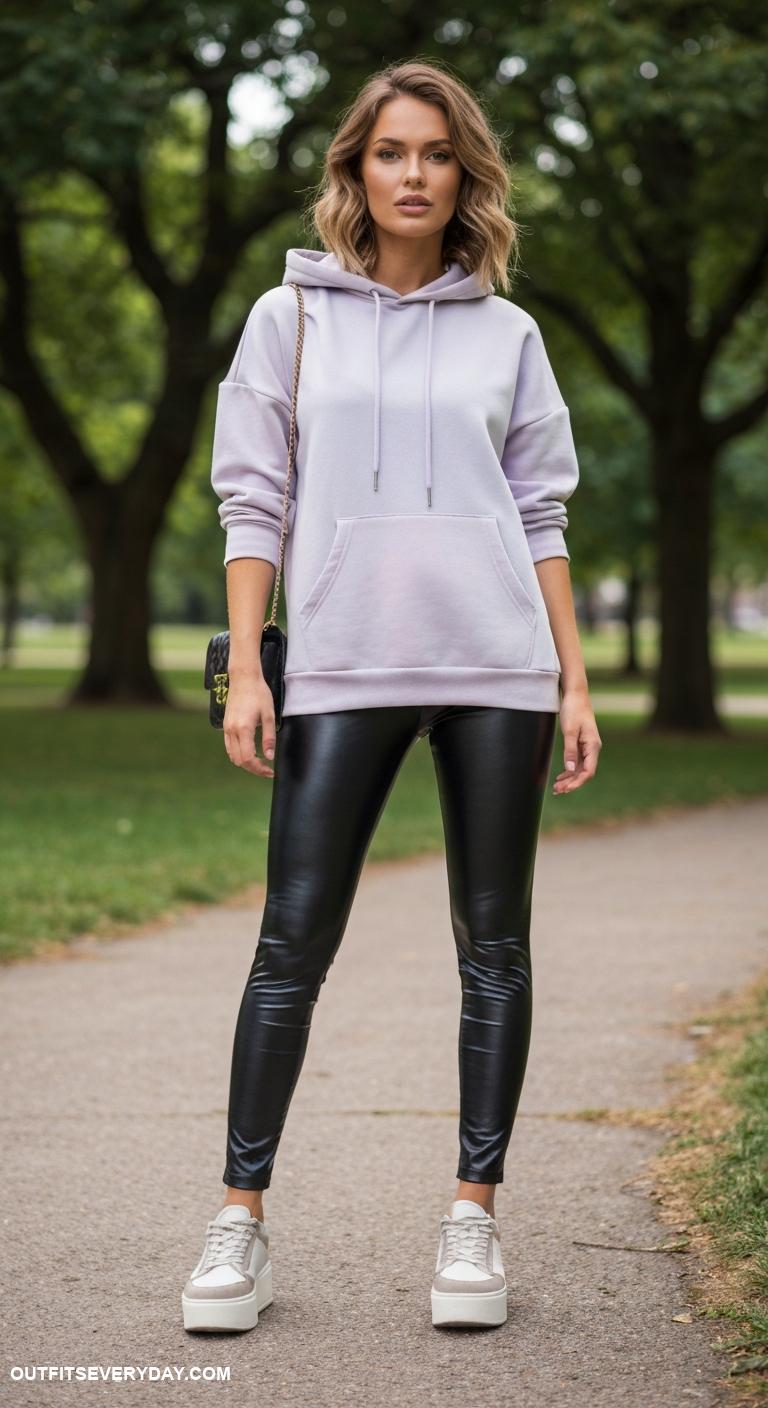 faux leather leggings outfit Style with an oversized hoodie and platform sneakers for a sporty vibe